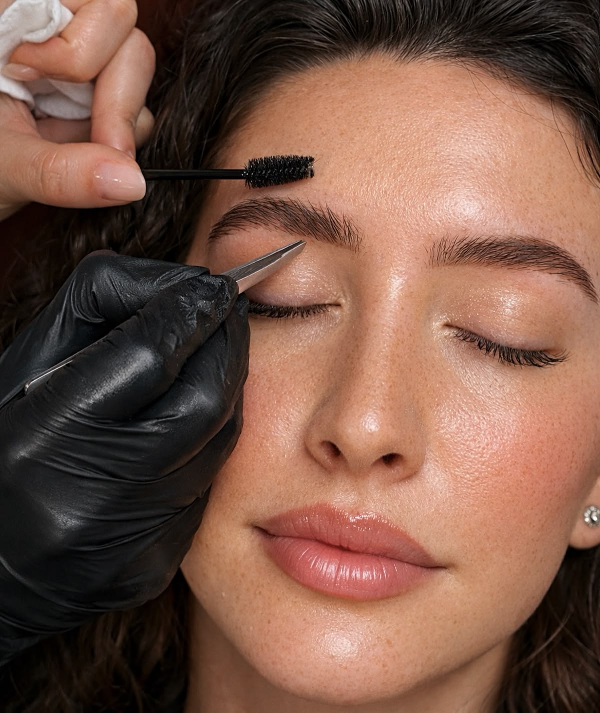 Close-up profile of precision brow tweezing
