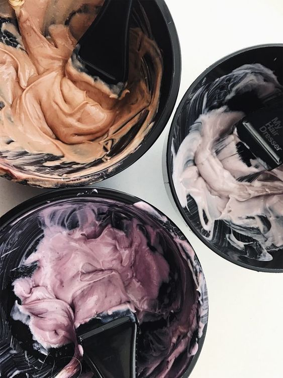 Custom hair color formulas hand-mixed in bowls