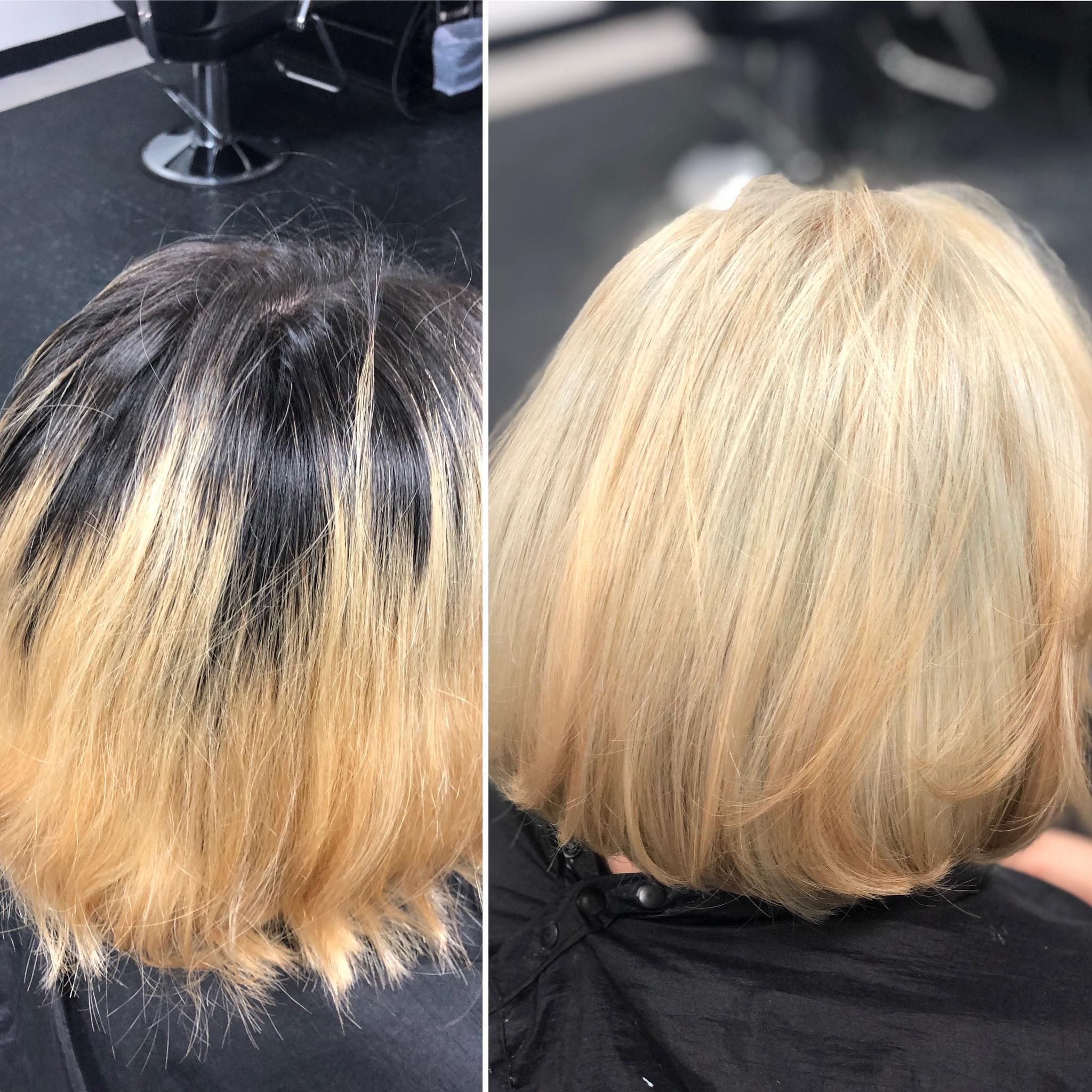 Before and after color transformation, dark roots to sleek all-over blonde