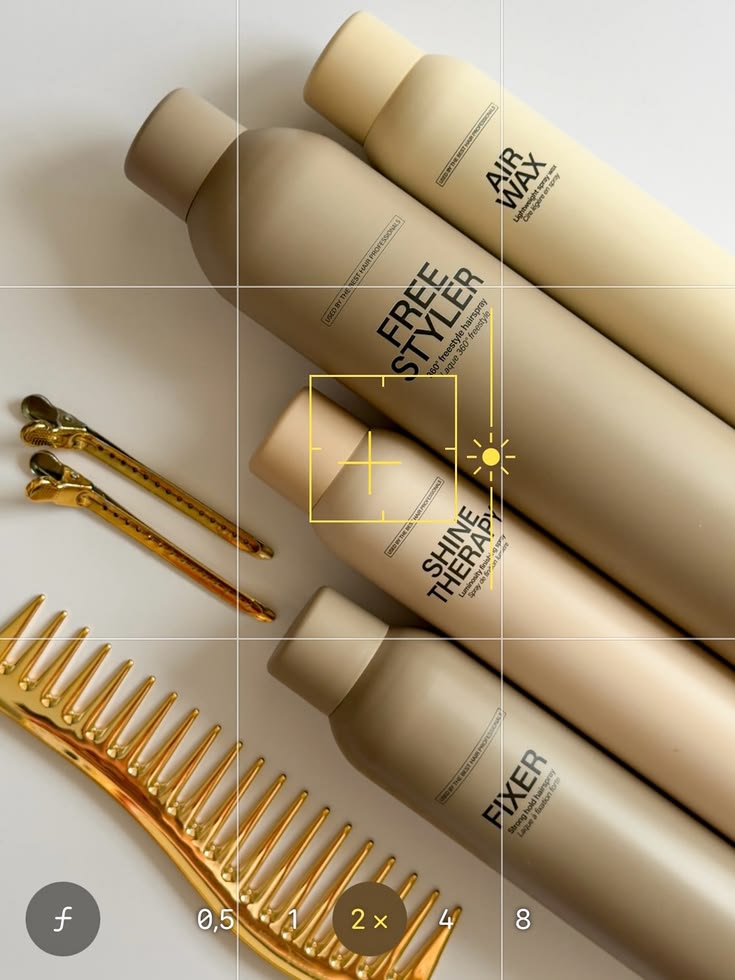 Styling product flatlay with gold comb and clips